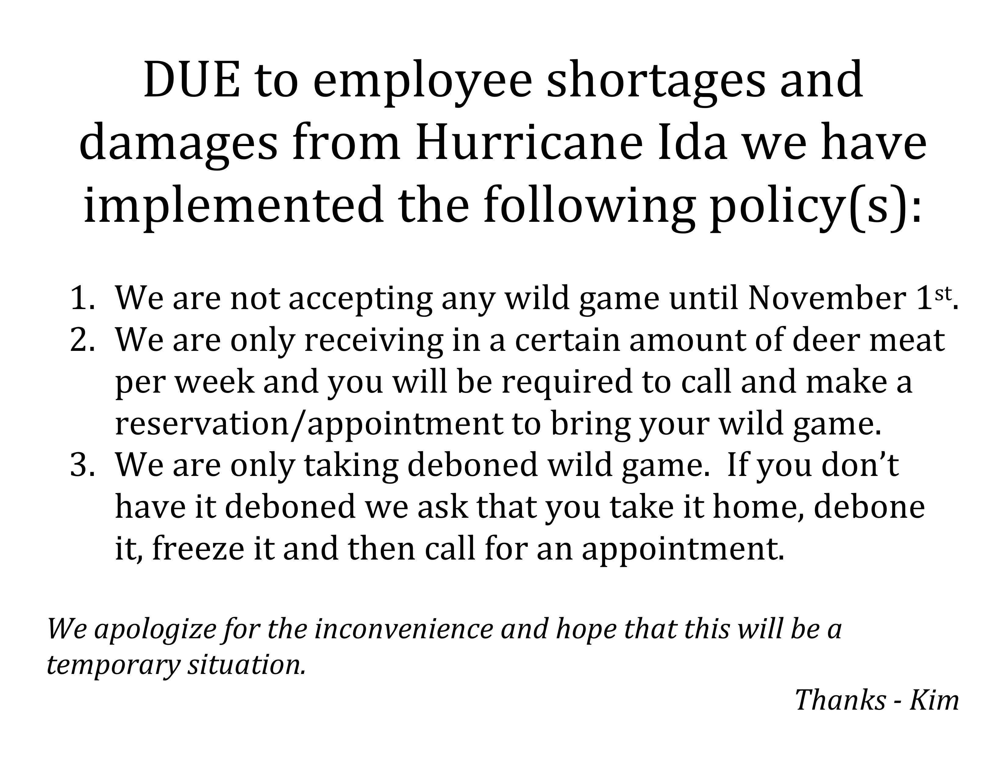 Hurricane Ida Policy changes notice